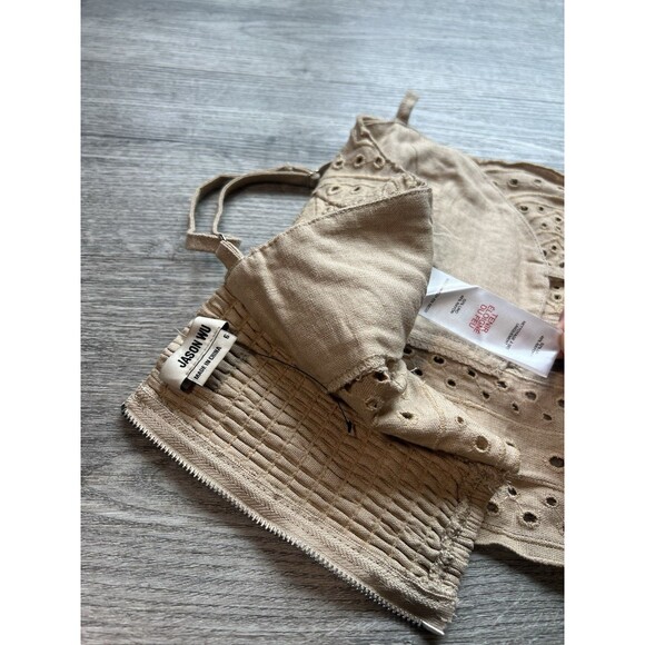 NWT Jason Wu Women Spaghetti Strap Linen Eyelet Smocked Crop Top Sand NWOT Sz 6 - Picture 8 of 8